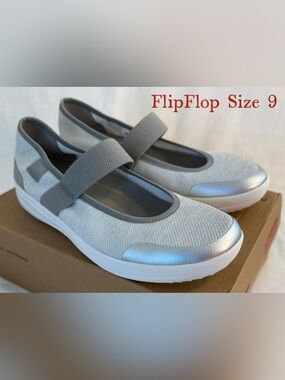 FlipFlop Comfort Knit Mary Jane Flats in Light Gray with Metallic Trim